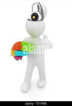 3D-Menschen - Mann mit halben Kopf, Gehirn und trumb. Das Konzept des Schutzes mit Verriegelung Stockfoto