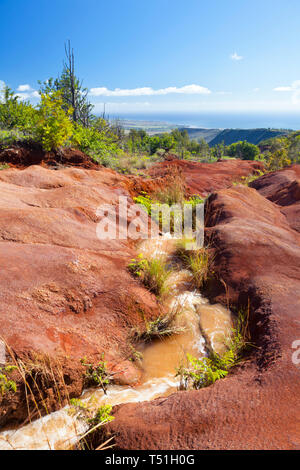 Ein kleiner Fluss durch ein Gebiet von intensiv roter Erde in der Nähe von Waimea Canyon in Kauai, Hawaii. Stockfoto