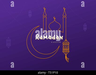 Ramadan Kareem lila Hintergrund mit Mond, Laternen, Moschee. Arabisch islamischen Ramadan Mubarak Grußkarte, Einladung für die muslimische Gemeinschaft Festival. K Stock Vektor