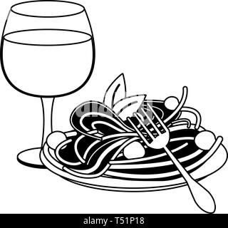 Goumet Essen mit Wein Cup in Schwarz und Weiß Stock Vektor