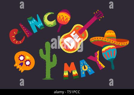 Cinco de Mayo Feier in Mexiko. 5. Mai, Lateinamerika Urlaub. Bunte, detaillierte, viele Objekte im Hintergrund. Vector Template mit traditionellen Me Stock Vektor