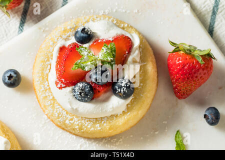 Hausgemachte Mini Biskuitteig Cups mit Obst und Schlagsahne Stockfoto