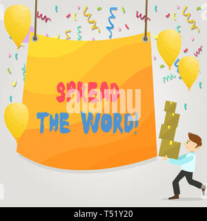 Konzeptionelle Handschrift zeigt, das Wort. Begriff Sinne teilen Sie die Informationen oder Nachrichten mit social media Mann, der Stapel von Kisten mit Tarp Stockfoto