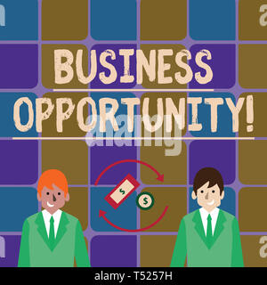 Handschrift text Schreiben Geschäft Gelegenheit. Konzeptionelle foto Investitionen, mit der Käufer ein Unternehmen Geld in US-Dollar Währung Zeichen Ins zu beginnen. Stockfoto