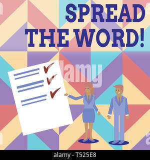 Konzeptionelle Handschrift zeigt, das Wort. Begriff Sinne teilen Sie die Informationen oder Nachrichten mit social media Mann und Frau präsentiert Bericht von C Stockfoto