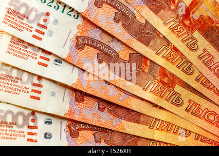Fünf Tausend Rubel Rechnung. Russische Banknoten hautnah. Stockfoto
