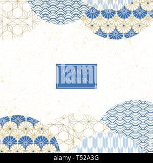 Japanische Schablone Vektor. Blauer Hintergrund mit japanischen Muster und geometrischen Elementen. Stock Vektor