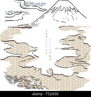 Japanische Muster Vektor. Hand Fuji Berg Vorlage Hintergrund dargestellt. Schwarze Linie Wald Skizze. Stock Vektor