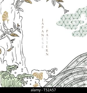 Japanische Schablone Vektor. Baum, Zweig, Wave und Cloud Elemente dargestellt. Asiatische Kopie Raum Hintergrund. Stock Vektor