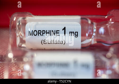 Close-up des Morphiums SULFAT 1 mg/ml Durchstechflasche Stockfoto