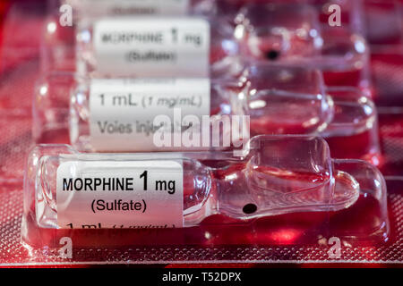 Close-up des Morphiums SULFAT 1 mg/ml Durchstechflasche Stockfoto