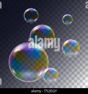 Realistische Darstellung der Satz von Flying Regenbogen Seifenblasen auf transparentem Hintergrund - Vektor Stock Vektor