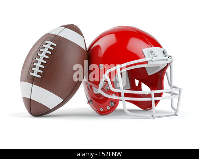 American football Helm und Kugel isoliert auf Weiss. 3D-Darstellung Stockfoto