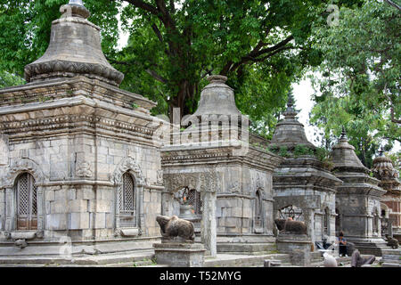 Kathmandu, Nepal - Mai 10, 2017: Cluster von kleinen Tempeln zu Lord Shiva auf der Website von Pashupatinath Tempel gewidmet. Stockfoto