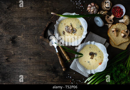 Suppe mit Pilzen und Sahne sauer auf rustikalen Hintergrund mit Kopie Raum Stockfoto