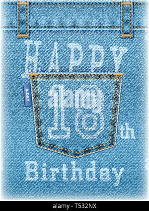 Glücklich 18. Geburtstag Grußkarte. Realistische denim Hintergrund mit Jeans Tasche für die Begrüßung oder Bargeld. Vector Illustration. Alle Elemente sind auf separaten Stock Vektor