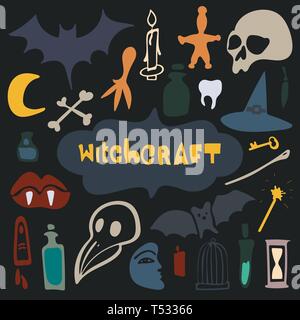 Symbole für Hexerei und Hexerei sind gesetzt. Handgezeichnete Vektorgrafiken und magische Symbole. Handgezeichnet, doodle, Skizzenmagier gesetzt. Schwarze Magie. Stock Vektor