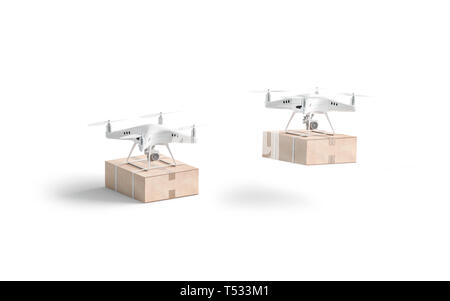 Leere weiße Quadrocopter mit Box Mock Up, Stand und fliegt isoliert, Seitenansicht, 3D-Rendering. Leere Drohnen mit Paket mockup. Klar quadrocopter Für del Stockfoto