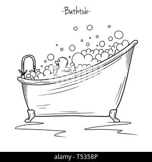 Skizze Schaumbad und Rubber Duck. Vector Illustration in Skizze Stil. Stock Vektor