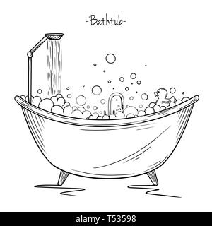 Skizze Schaumbad und Rubber Duck. Vector Illustration in Skizze Stil. Stock Vektor