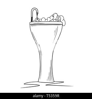 Keramik Waschbecken mit Schaum mit Schaum und Rubber Duck auf einem weißen Hintergrund. Cartoon Waschbecken mit Wasserhahn. Vektor Stock Vektor