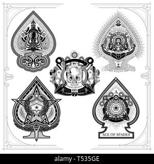 Satz von Ace of Spades maritimen Stil mit heraldischen Paletten Elemente, Octopus, Anker und andere. Druckt isoliert auf weißem Stock Vektor