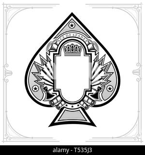 Vintage Waffe und Pfeile mit Rahmen in der Mitte des Ace of Spades bilden. Militärische design Playing Card Element, schwarz auf weiß Stock Vektor