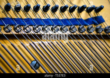 Bass Strings, Zapfen und den Dämpfer im Inneren des alten Klavier. Der Mechanismus der Musikinstrumente. Sound Technologie. Geringe Tiefenschärfe. Close-up. Stockfoto