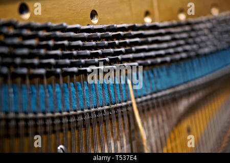 Streicher, Zapfen und den Dämpfer im Inneren des alten Klavier. Der Mechanismus der Musikinstrumente. Geringe Tiefenschärfe. Close-up. Stockfoto