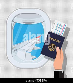 Fenster aus dem Flugzeug. Hand mit Pass und Ticket. Flugzeuge bullauge Shutter und Flügel. Die Reise oder Urlaub. Vektor illustrati Stock Vektor