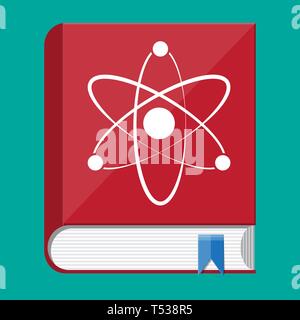 Wissenschaft Buch- und Atom-Logo. Atom-Symbol auf der Abdeckung an. Biologie Wissenschaft Ausbildung medizinische. Vector Illustration im flachen Stil Stock Vektor