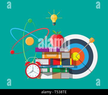 Roter Apfel auf Stapel Bücher, Weckern, Target, Idee, Lampe und Atom-Symbol. Bildung Strategie und Studie Lernkonzept. Vector Illustration in Fla Stock Vektor