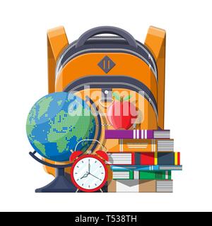 Roter Apfel auf Stapel Bücher, Weckern, Globus und Schule Rucksack. Bildung und Studium learning Konzept. Zurück zu Schule. Vector Illustration in flachen Stock Vektor