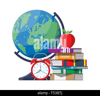 Roter Apfel auf Stapel Bücher, Wecker und Globus mit einer Weltkarte. Bildung und Studium learning Konzept. Zurück zu Schule. Vector Illustration in Flat s Stock Vektor