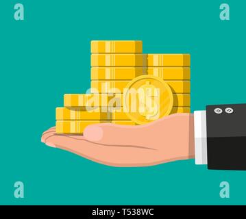 Stapel von Goldmünzen in der Hand. Goldene Münze mit Dollarzeichen. Wachstum, Einkommen, Ersparnisse, Investitionen. Symbol für Reichtum. Den geschäftlichen Erfolg. Flat Style Vektor Stock Vektor