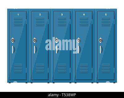 Blaue Schränke aus Metall. Schließfächer in der Schule oder im Fitnessraum mit silbernen Griffe und Schlösser. Safe mit Türen, Schrank, Fach. Vector Illustration in Flat s Stock Vektor