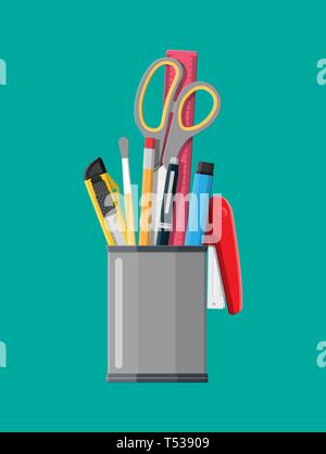Stifthalter Office Equipment. Lineal, Messer, Bleistift, Stift, Schere. Bürobedarf und Schreibwaren und Bildung. Vector Illustration Flat Style Stock Vektor
