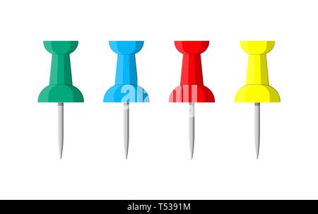 Einstellen der Farbe push Pins. Kunststoff Stecknadel, reißnagel. Tools für Bildung und Arbeit. Schreibwaren und Bürobedarf. Vector Illustration im flachen Stil Stock Vektor