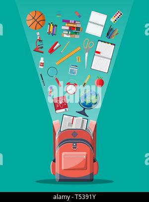 Schule Rucksack mit Büchern, Farbe, Kugel, Ball, Apple, Taschenrechner, Kugelschreiber, Bleistift, Mikroskop Herrscher Wecker. Bildung und Studium learning Konzept bac Stock Vektor