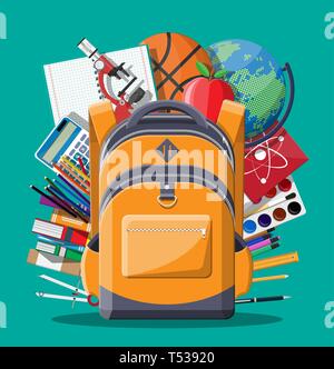 Schule Rucksack mit Büchern, Farbe, Kugel, Ball, Apple, Taschenrechner, Kugelschreiber, Bleistift, Mikroskop Herrscher. Bildung und Studium Konzept zurück Lernen zur Schule. Stock Vektor