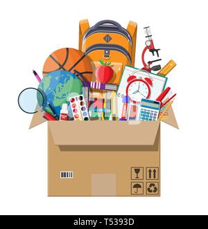 Schule Artikel im Karton. Verschiedene Schulbedarf, Schreibwaren. Hinweis Globus malen Bleistift Kugelschreiber Taschenrechner Rucksack Uhr schere Ball apple Herrscher. Stock Vektor