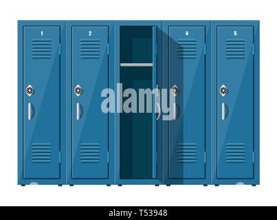 Blaue Schränke aus Metall. Schließfächer in der Schule oder im Fitnessraum mit silbernen Griffe und Schlösser. Safe mit Türen, Schrank, Fach. Vector Illustration in Flat s Stock Vektor