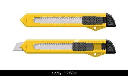 Gelbe Box cutter Instrument isoliert auf Weiss. Snap-off-Blade, Schreibwaren Bürobedarf Messer. Boxcutter Werkzeug. Vector Illustration im flachen Stil Stock Vektor