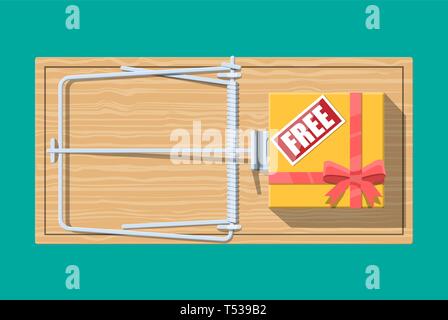 Holz- Maus Trap mit Geschenkbox mit freien Zeichen, klassische Federbelastete bar falle. Ansicht von oben. Betrug, Werbegeschenk, Verbrechen und Lügen. Vector Illustration in flachen Stock Vektor