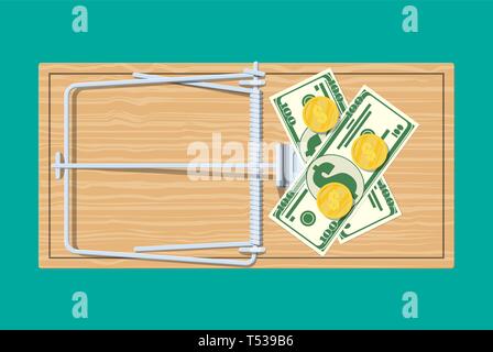 Holz Mausefalle mit Dollar Banknoten und goldenen Münzen, klassische Federbelastete bar falle. Ansicht von oben. Betrug, Werbegeschenk, Verbrechen und Lügen. Vektor illustrati Stock Vektor