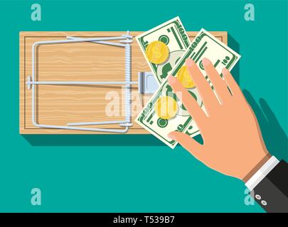 Holz Mausefalle mit Dollar Banknoten und goldenen Münzen, klassische Federbelastete bar falle. Ansicht von oben. Betrug, Werbegeschenk, Verbrechen und Lügen. Vektor illustrati Stock Vektor