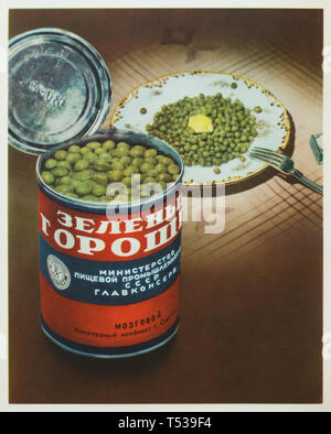 Sowjetische konserven Erbsen in der Farbe Abbildung im Buch der Schmackhafte und gesunde Lebensmittel in der Sowjetunion veröffentlicht (1953). Stockfoto