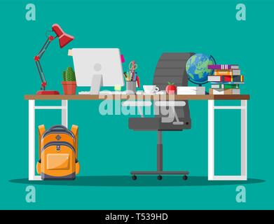 Startseite Kindertisch kid für das Lernen und Studieren. Schule Hausaufgaben. Schreibtisch, Stuhl, Computer, Rucksack, Kaktus, Bücher stapeln, Lampe, Globus und Schreibwaren. Vektor i Stock Vektor