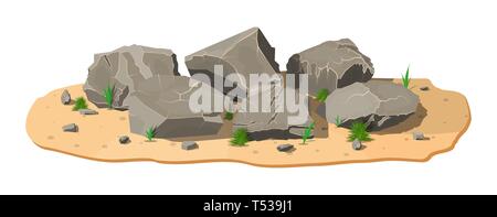 Stapel von Stein mit Gras auf Sand. Steine und Felsen in variuos Größen. Reihe von Felsbrocken. Vector Illustration im flachen Stil Stock Vektor