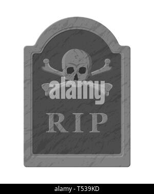 Grabstein mit totenkopf und gekreuzten knochen. Alte Grabstein mit Rissen und R.I.P Inschrift. Friedhof, Tod, Beerdigung, Grab. Vector Illustration in flachen Stock Vektor